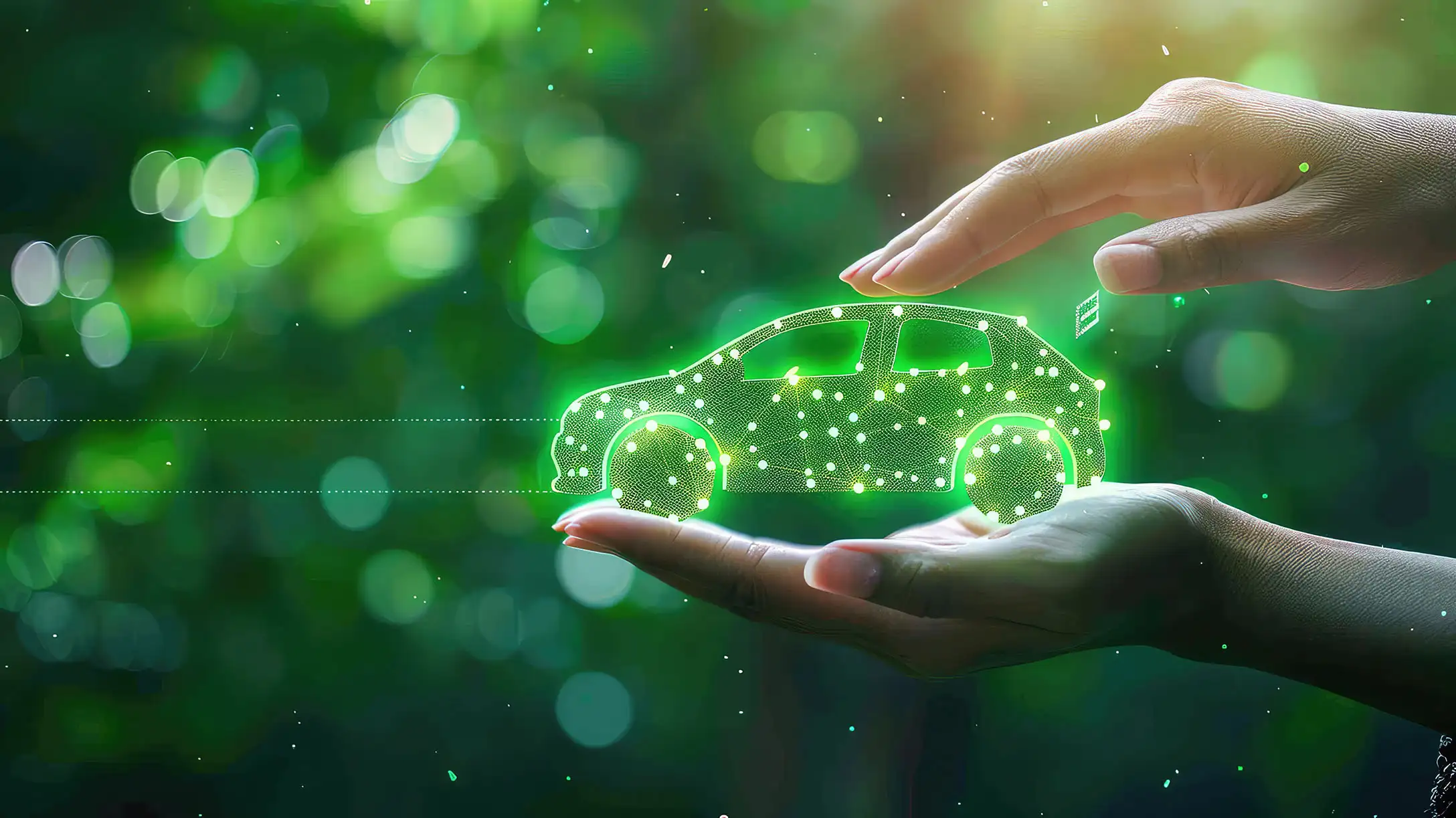 Manos sosteniendo un auto electrico sostenible